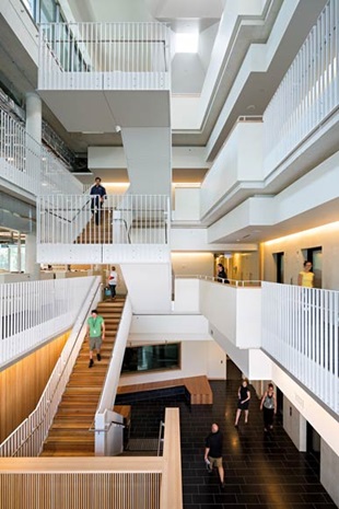 A stairwell void acts as a highly visible circulation route between floors and activates the entry foyer.